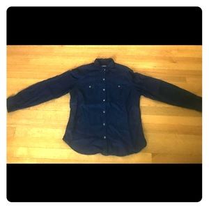 Dark blue button up shirt.